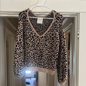 Abercrombie & Fitch Women's Leopard Print V-Neck Sweater - Tan & Black